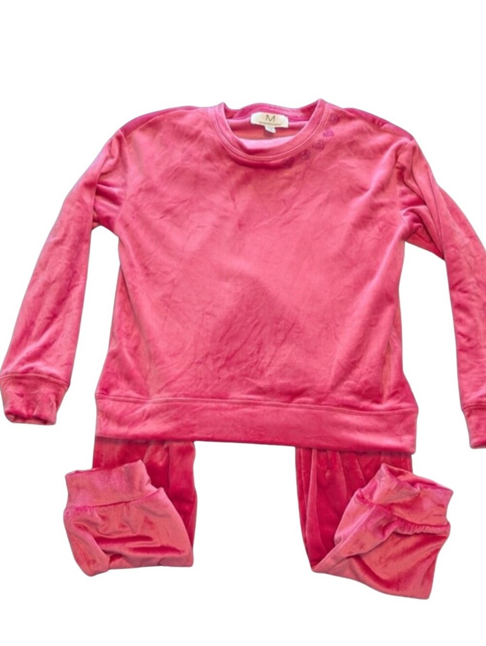 Magaschoni Women's Pink Velour Lounge Wear Rhinestone Hearts Joggers Size XS